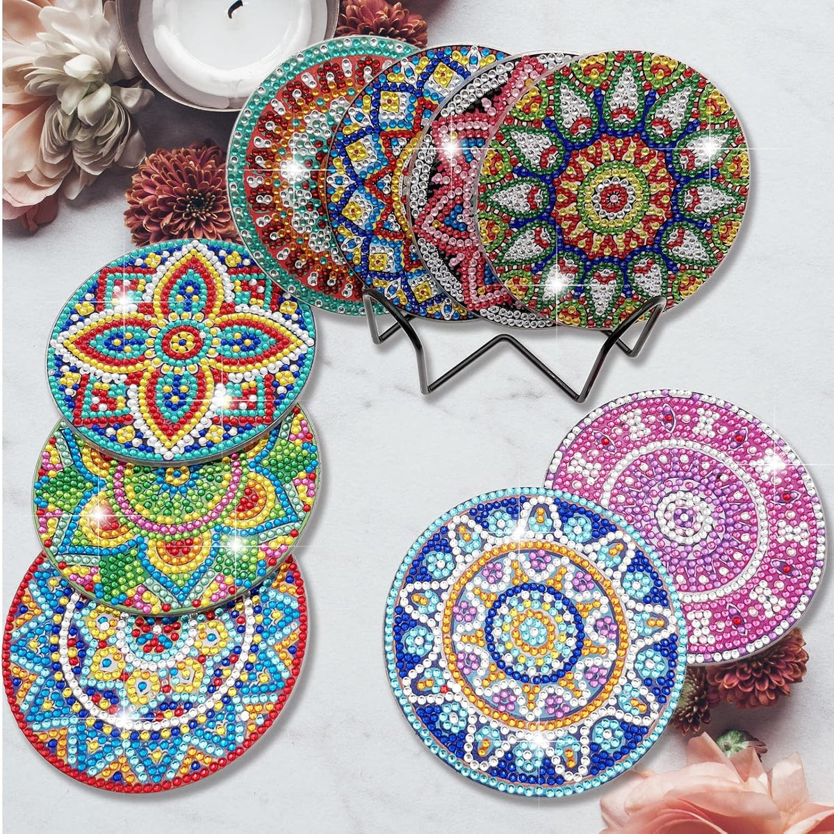 9 Pcs Diamond Art Coasters - DIY Mandala Diamond Painting Round Cup Coasters Kits Accessories with Holder for Beginners, Kids & Adults