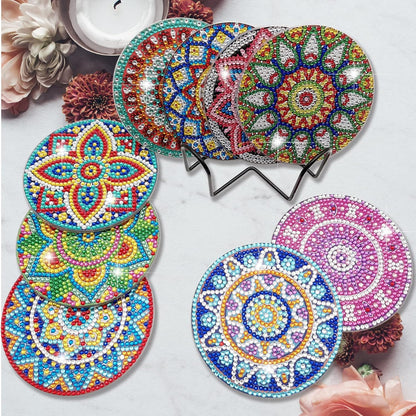 9 Pcs Diamond Art Coasters - DIY Mandala Diamond Painting Round Cup Coasters Kits Accessories with Holder for Beginners, Kids & Adults