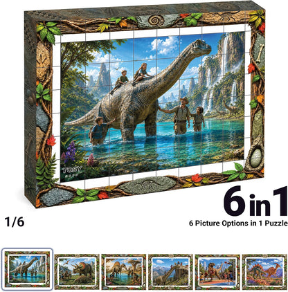 TOSY Picture Cube Life with Dinos: 6-in-1 Magnetic Picture Puzzle, 80 Blocks, 480 Puzzle Faces, 0.63 in, B023, Seamless UV Art, Display-Ready Frame, Collectible, STEM/STEAM Gift for Kids & Adults