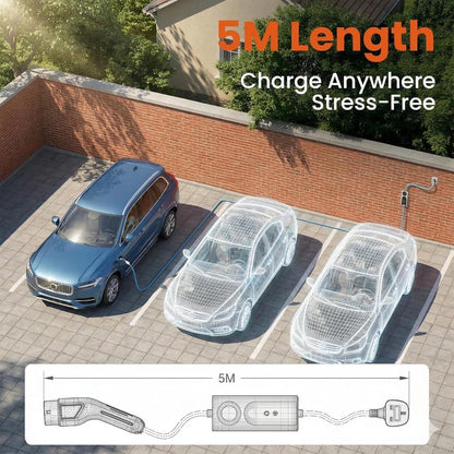 Portable EV Charger Type 2 to UK 3-Pin Plug, 3kW 13A Electric Vehicle Charging, Adjustable Current with Smart LCD Display & Delay Start, IP67 Waterproof, Compatible with Most car (5M)