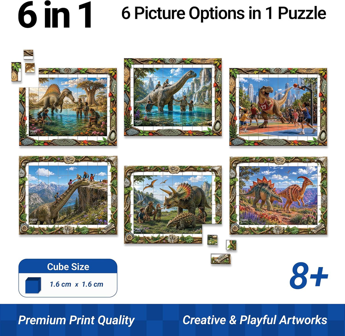 TOSY Picture Cube Life with Dinos: 6-in-1 Magnetic Picture Puzzle, 80 Blocks, 480 Puzzle Faces, 0.63 in, B023, Seamless UV Art, Display-Ready Frame, Collectible, STEM/STEAM Gift for Kids & Adults