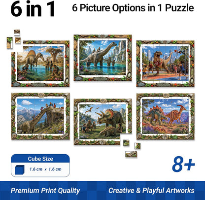 TOSY Picture Cube Life with Dinos: 6-in-1 Magnetic Picture Puzzle, 80 Blocks, 480 Puzzle Faces, 0.63 in, B023, Seamless UV Art, Display-Ready Frame, Collectible, STEM/STEAM Gift for Kids & Adults