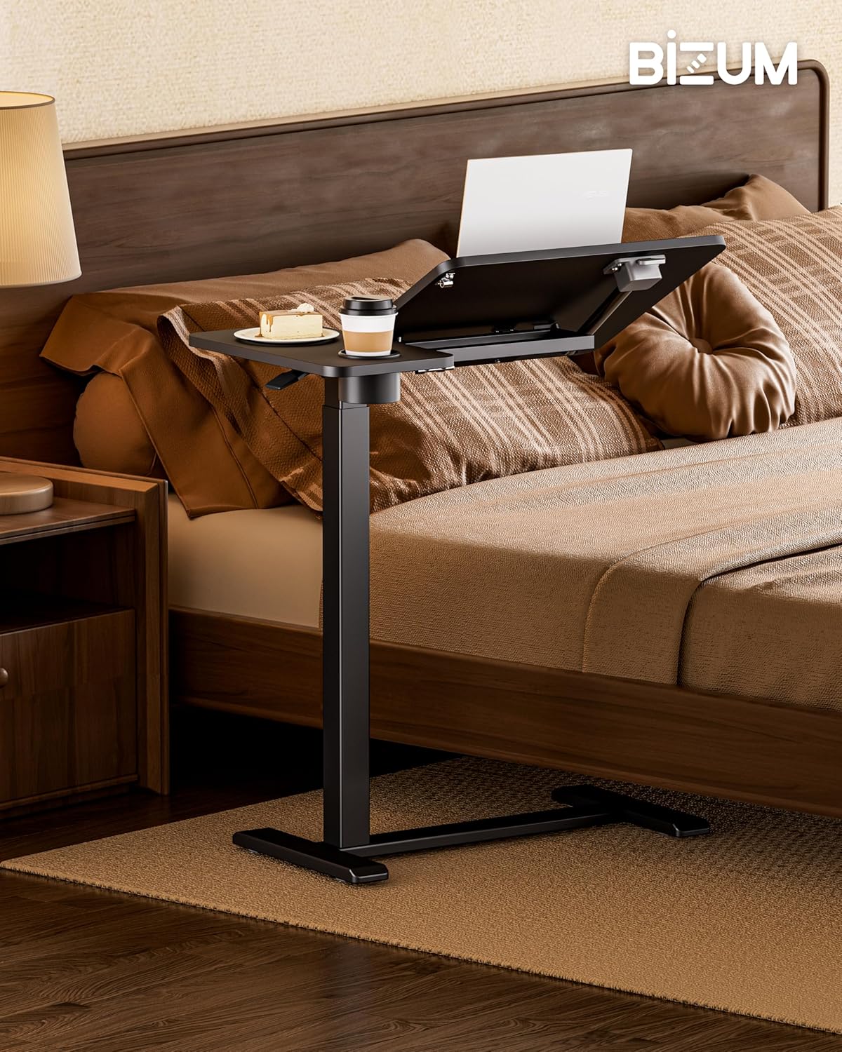 BIZUM Overbed Bedside Table with Hidden Wheels, Adjustable Medical Tilt Top Hospital Bed Table Over The Bed, Rolling Desk Mobile Standing Desk (70x40cm, Black)