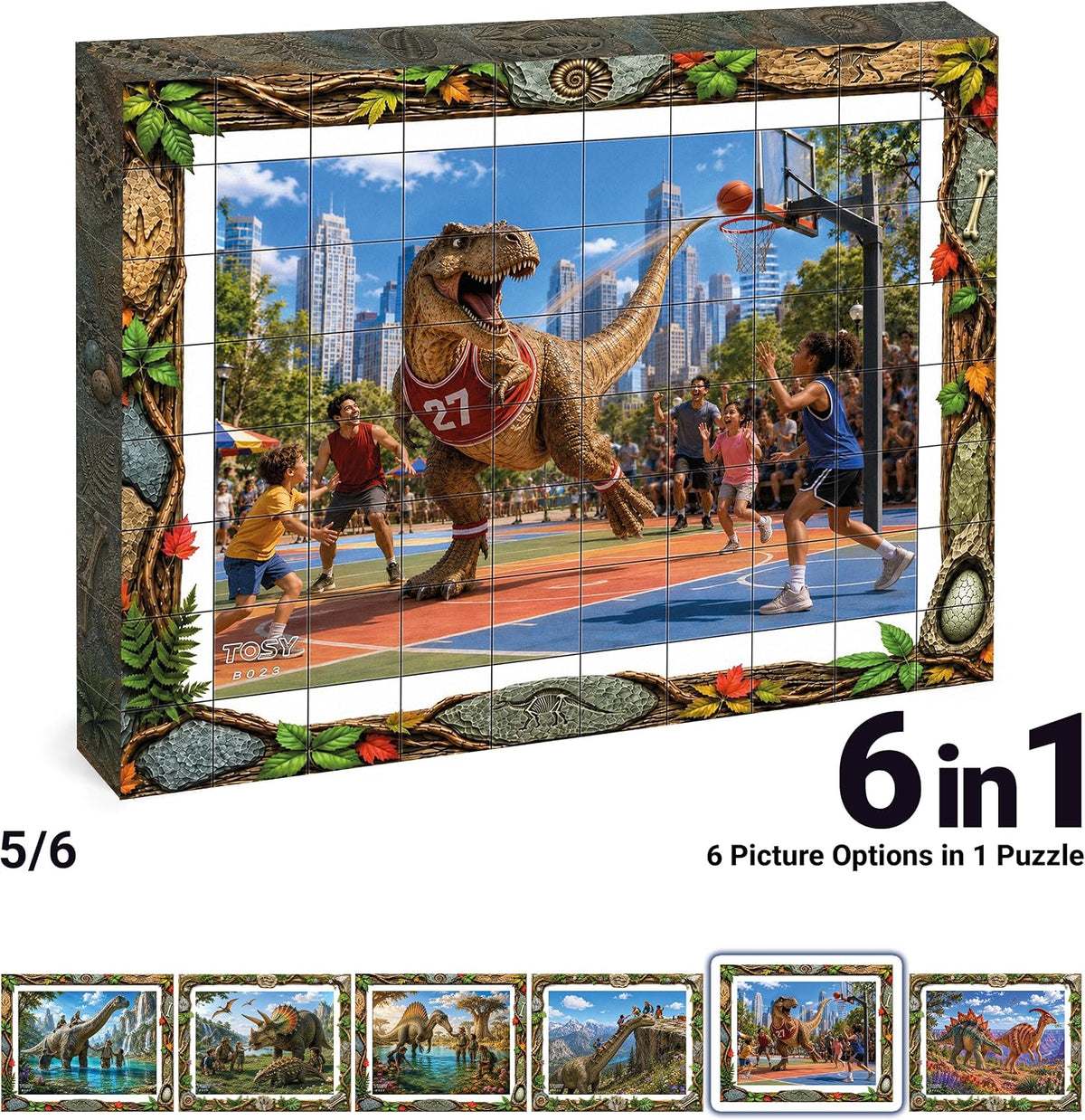 TOSY Picture Cube Life with Dinos: 6-in-1 Magnetic Picture Puzzle, 80 Blocks, 480 Puzzle Faces, 0.63 in, B023, Seamless UV Art, Display-Ready Frame, Collectible, STEM/STEAM Gift for Kids & Adults