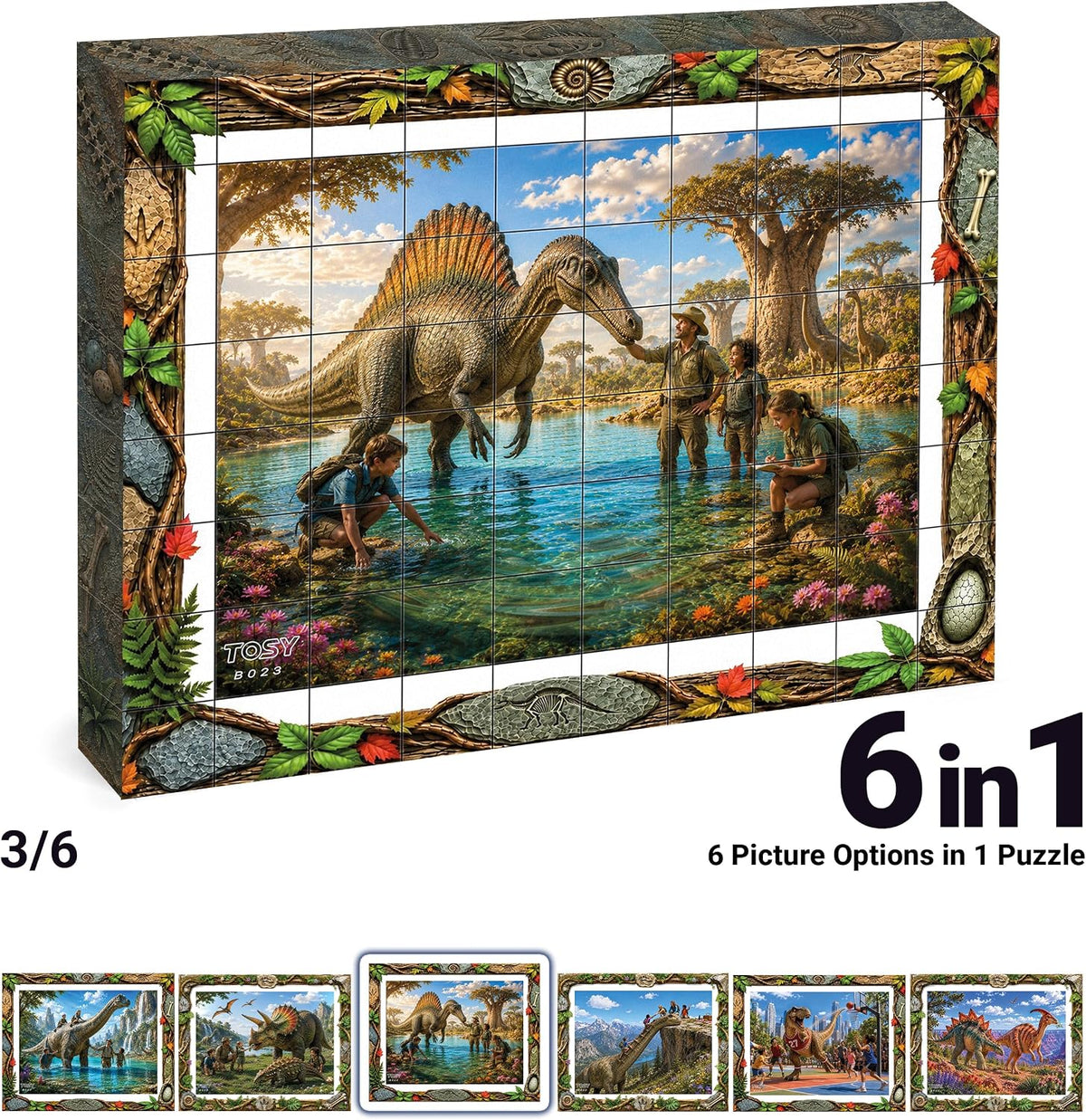 TOSY Picture Cube Life with Dinos: 6-in-1 Magnetic Picture Puzzle, 80 Blocks, 480 Puzzle Faces, 0.63 in, B023, Seamless UV Art, Display-Ready Frame, Collectible, STEM/STEAM Gift for Kids & Adults