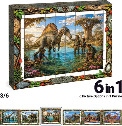 TOSY Picture Cube Life with Dinos: 6-in-1 Magnetic Picture Puzzle, 80 Blocks, 480 Puzzle Faces, 0.63 in, B023, Seamless UV Art, Display-Ready Frame, Collectible, STEM/STEAM Gift for Kids & Adults