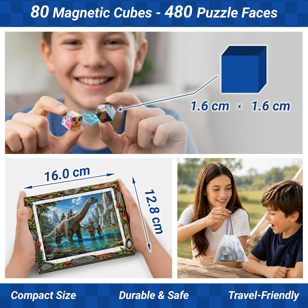 TOSY Picture Cube Life with Dinos: 6-in-1 Magnetic Picture Puzzle, 80 Blocks, 480 Puzzle Faces, 0.63 in, B023, Seamless UV Art, Display-Ready Frame, Collectible, STEM/STEAM Gift for Kids & Adults