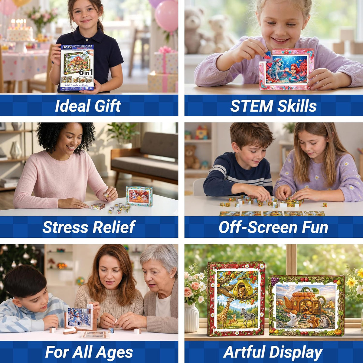 TOSY Picture Cube Life with Dinos: 6-in-1 Magnetic Picture Puzzle, 80 Blocks, 480 Puzzle Faces, 0.63 in, B023, Seamless UV Art, Display-Ready Frame, Collectible, STEM/STEAM Gift for Kids & Adults