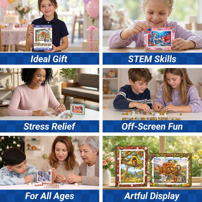 TOSY Picture Cube Life with Dinos: 6-in-1 Magnetic Picture Puzzle, 80 Blocks, 480 Puzzle Faces, 0.63 in, B023, Seamless UV Art, Display-Ready Frame, Collectible, STEM/STEAM Gift for Kids & Adults
