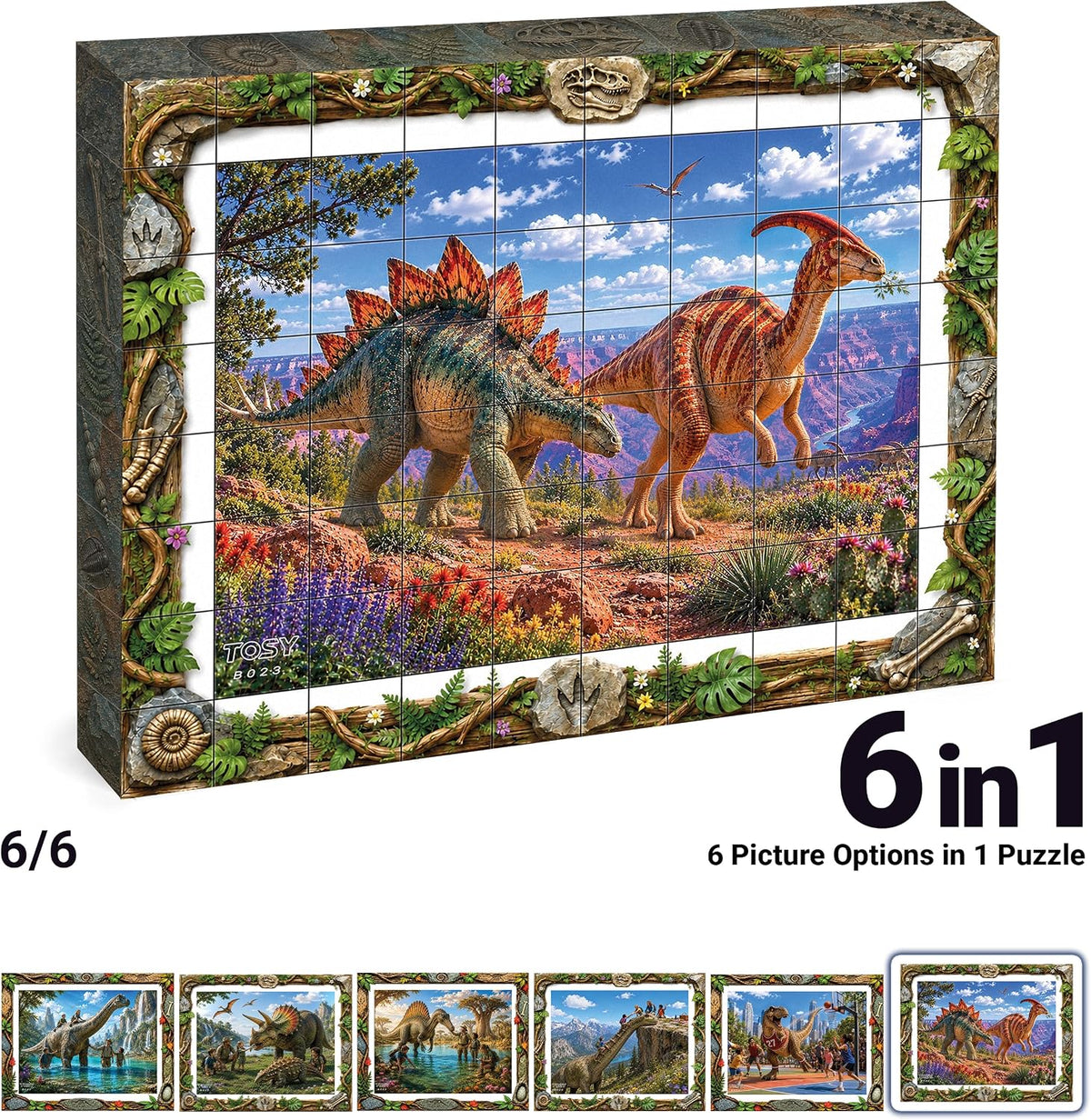 TOSY Picture Cube Life with Dinos: 6-in-1 Magnetic Picture Puzzle, 80 Blocks, 480 Puzzle Faces, 0.63 in, B023, Seamless UV Art, Display-Ready Frame, Collectible, STEM/STEAM Gift for Kids & Adults