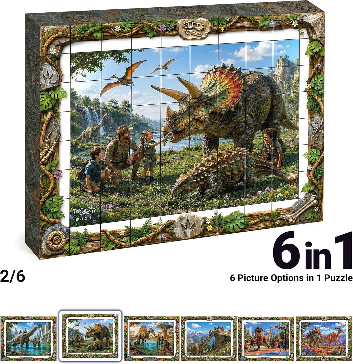 TOSY Picture Cube Life with Dinos: 6-in-1 Magnetic Picture Puzzle, 80 Blocks, 480 Puzzle Faces, 0.63 in, B023, Seamless UV Art, Display-Ready Frame, Collectible, STEM/STEAM Gift for Kids & Adults