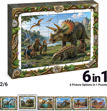 TOSY Picture Cube Life with Dinos: 6-in-1 Magnetic Picture Puzzle, 80 Blocks, 480 Puzzle Faces, 0.63 in, B023, Seamless UV Art, Display-Ready Frame, Collectible, STEM/STEAM Gift for Kids & Adults