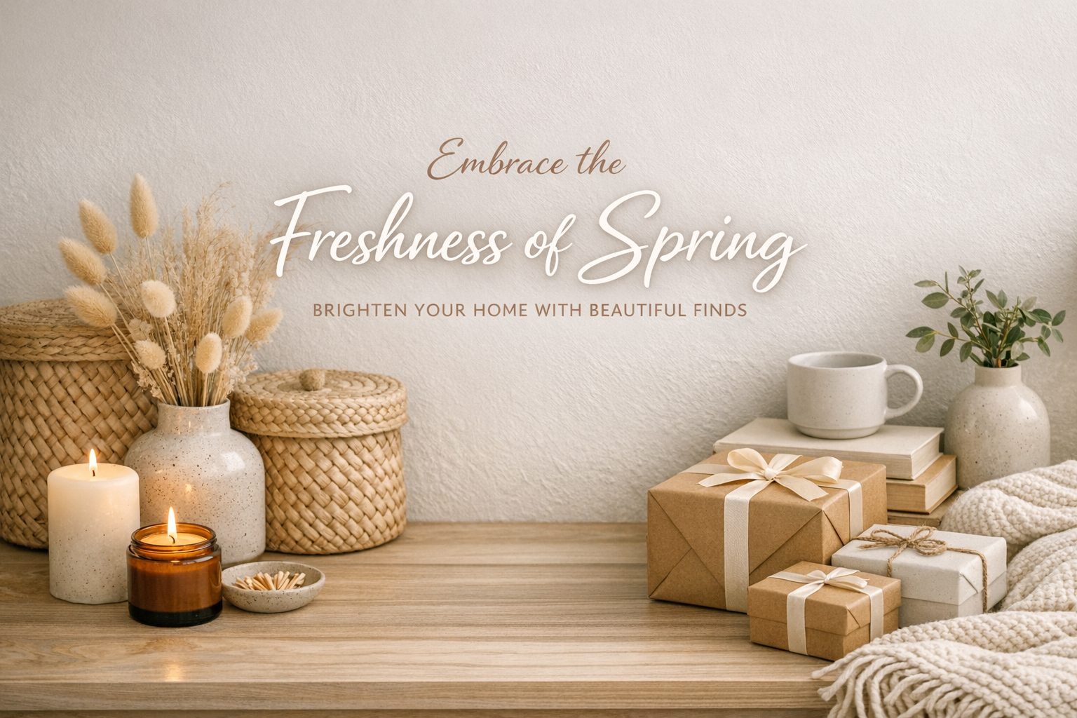 Spring-themed home decor with candles, plants, and gift boxes on a wooden surface.