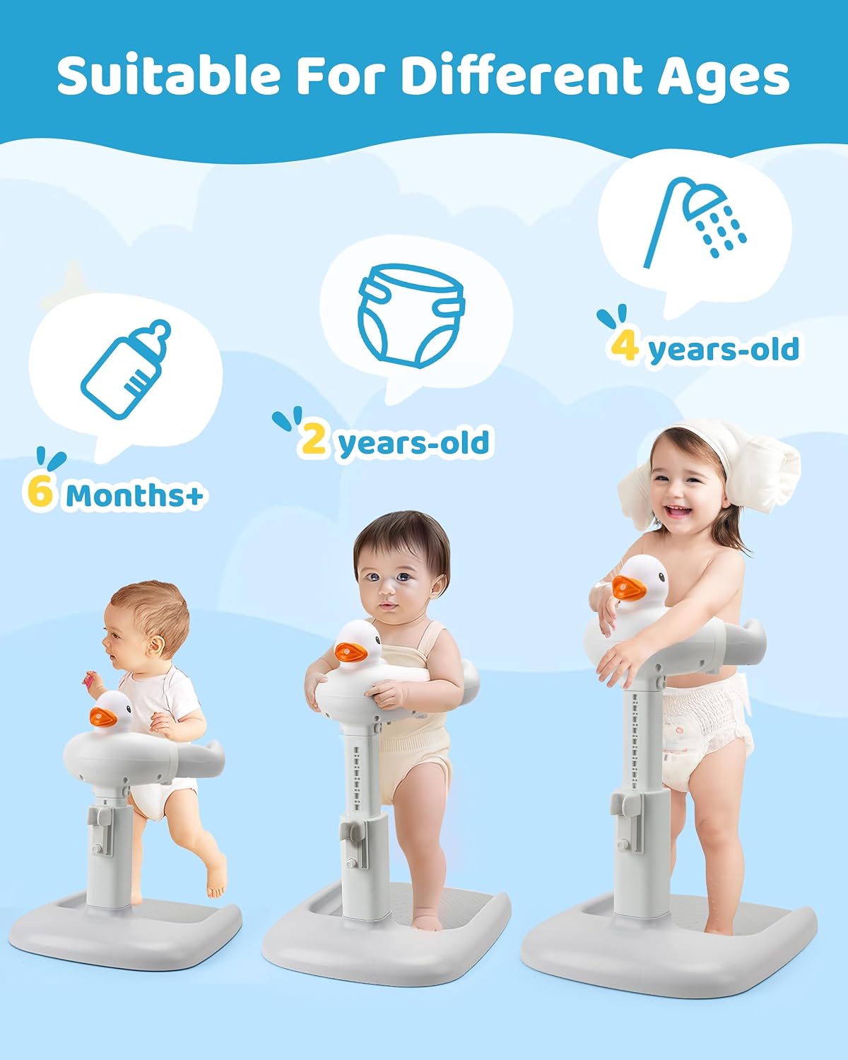 Adjustable baby bath seat for shower, suitable for children from 6 months to 4 years in various stages.
