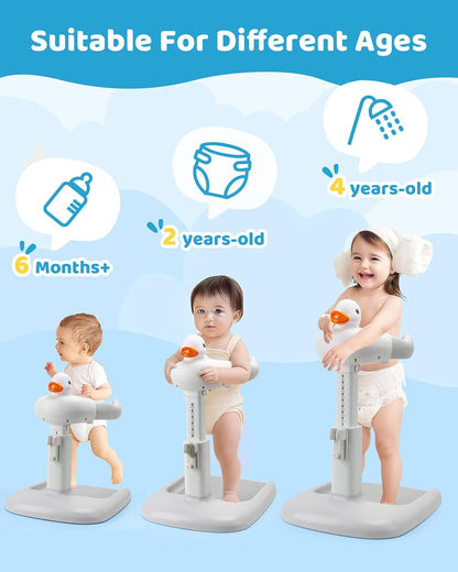 Adjustable baby bath seat for shower, suitable for children from 6 months to 4 years in various stages.