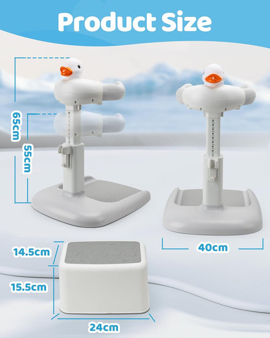Adjustable baby bath seat for shower featuring a fun duck design and various size dimensions