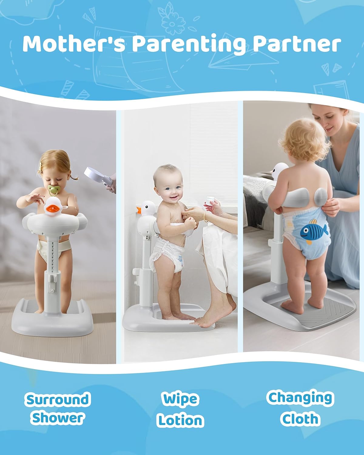 Adjustable baby bath seat for shower with multifunctional design for easy bathing and parental support