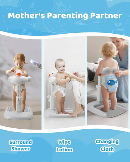 Adjustable baby bath seat for shower with multifunctional design for easy bathing and parental support