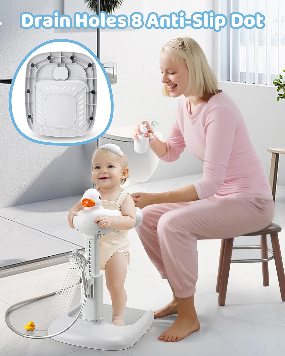 Adjustable baby bath seat for shower with drain holes and anti-slip dots for safety