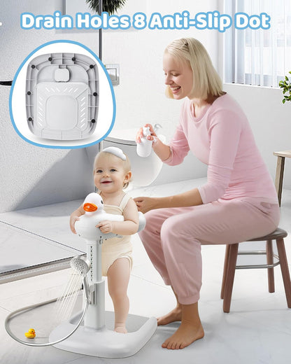 Adjustable baby bath seat for shower with drain holes and anti-slip dots for safety