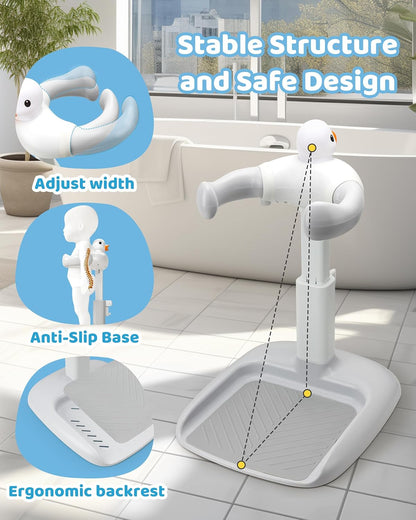 Adjustable baby bath seat for shower featuring ergonomic backrest and anti-slip base for safety
