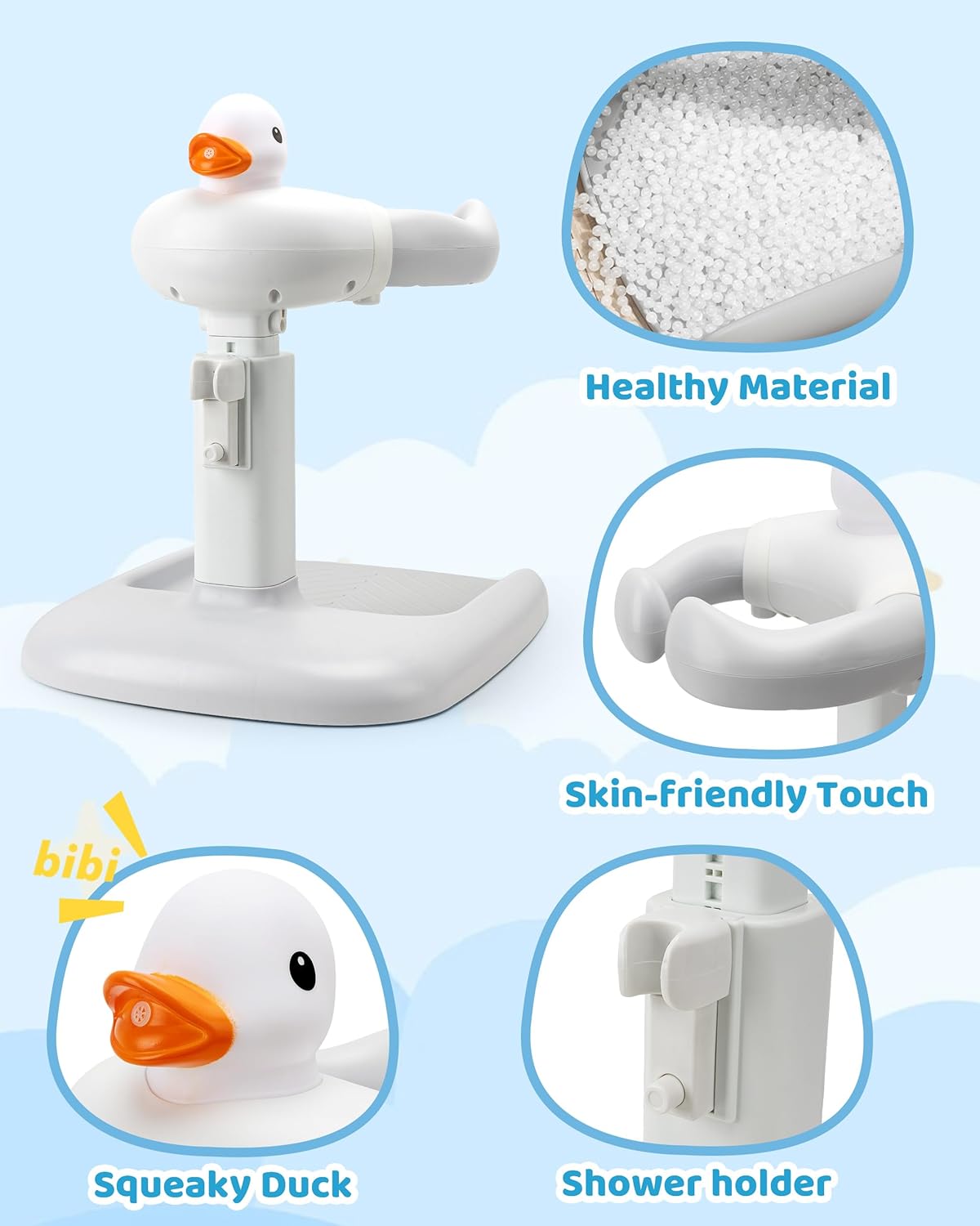Growithu adjustable baby bath seat for shower with squeaky duck design and skin-friendly materials