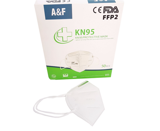 A&F KN95 FFP2 masks box of 50 with one mask displayed in front for protective use