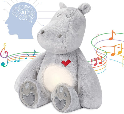 Tzowla AI baby cry detection toy in the shape of a grey hippo with soft plush fabric and light-up belly
