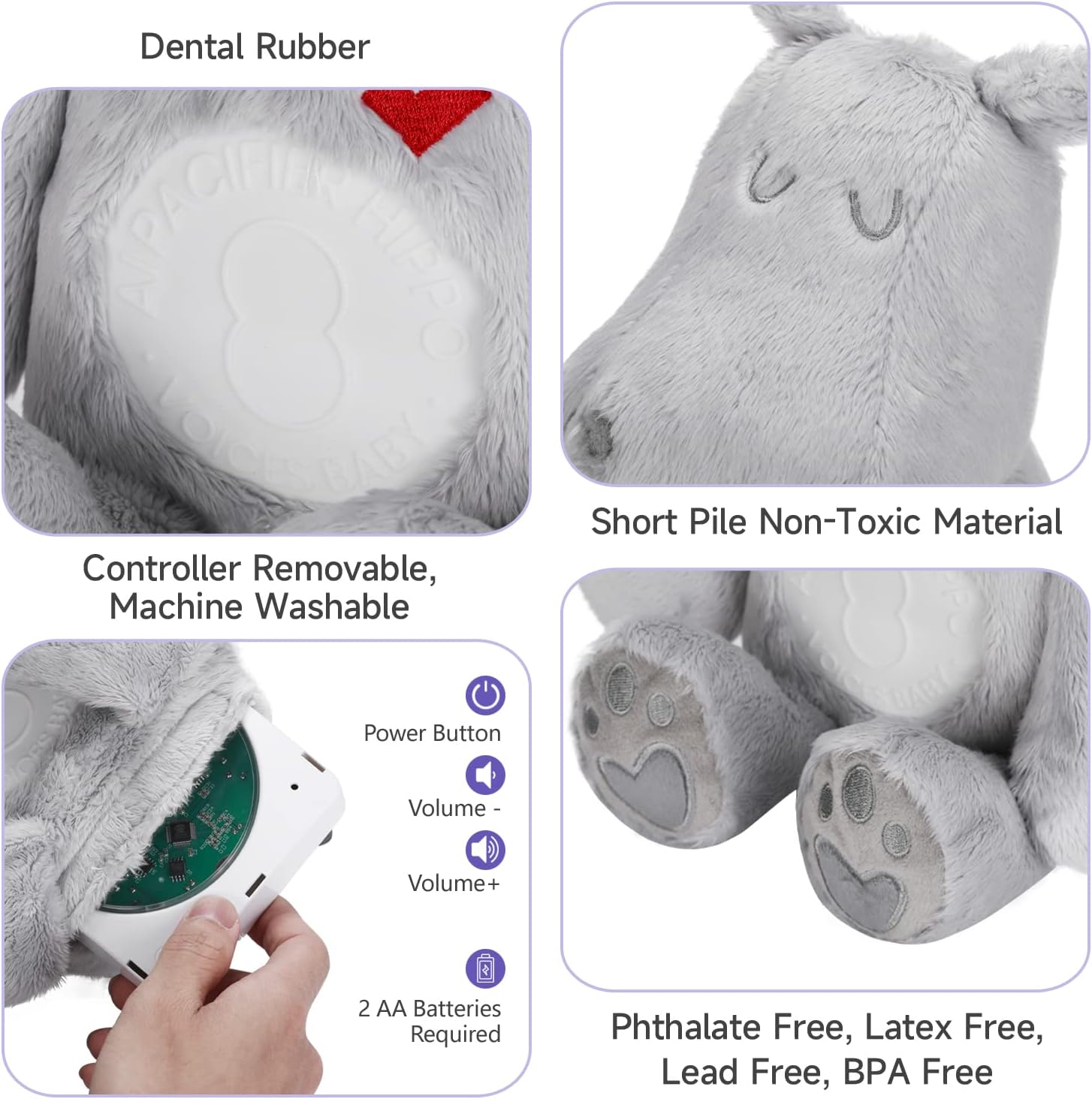 Tzowla AI baby cry detection toy in grey with soft plush material and removable controller