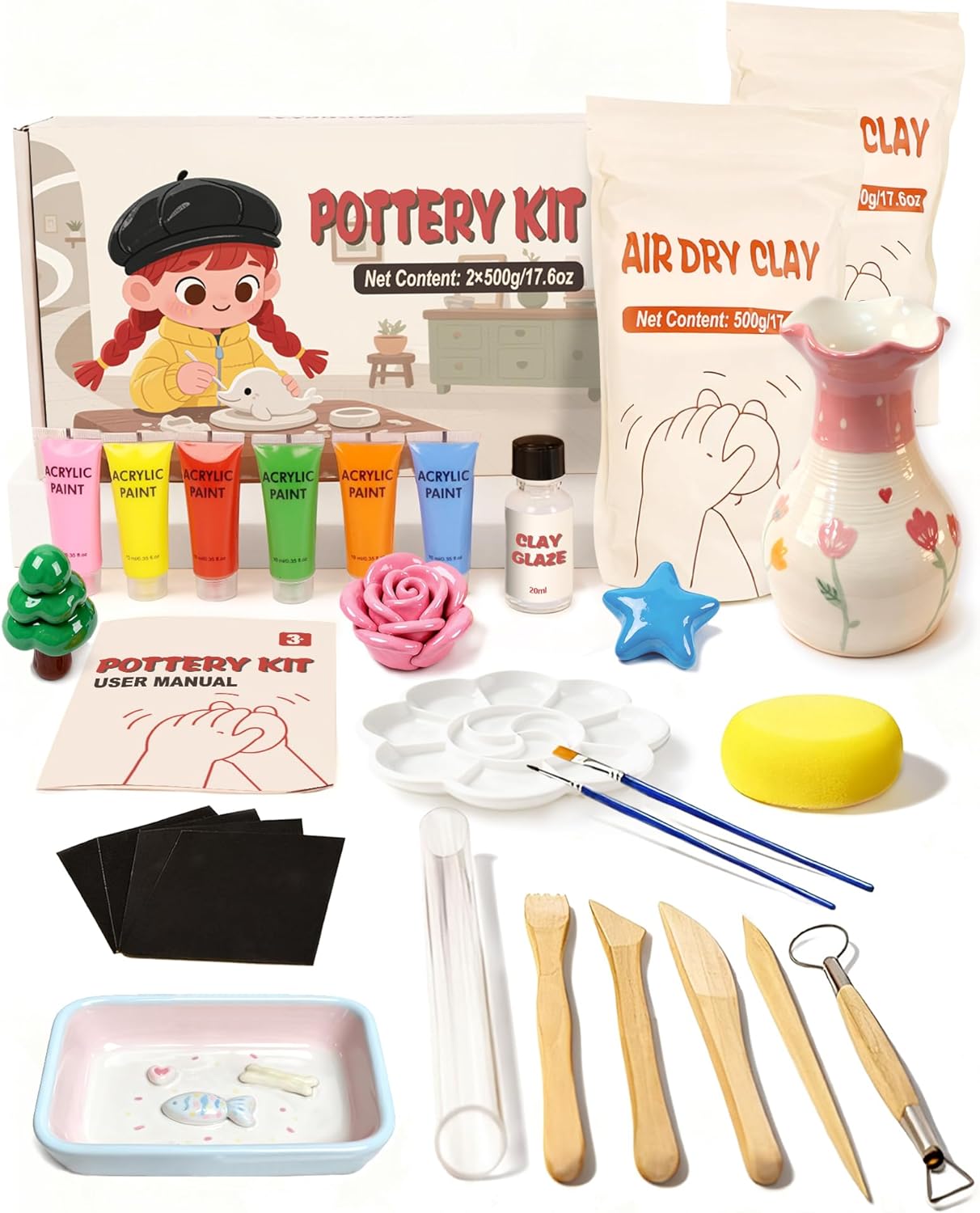 Cycletour air dry clay pottery kit with tools, paints, and clay for creative projects