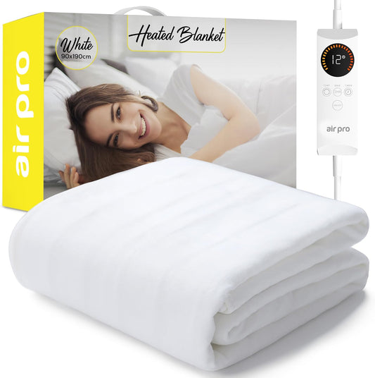Air Pro single electric blanket fitted in white, perfect for a warm and cozy night's sleep