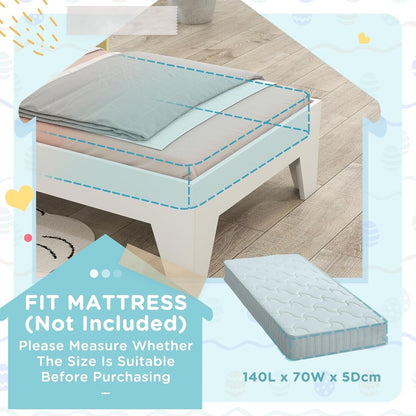 AIYAPLAY single bed for kids with a mattress fit guide showcasing dimensions and style
