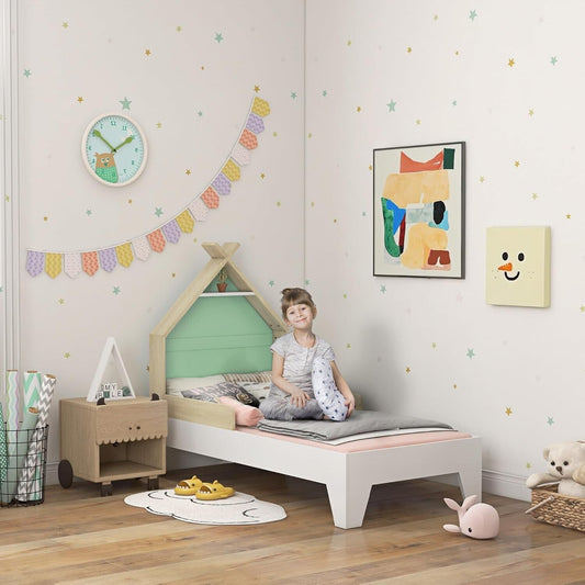 Aiyaplay single bed for kids in a playful bedroom setting with decorative wall art and a child sitting on the bed
