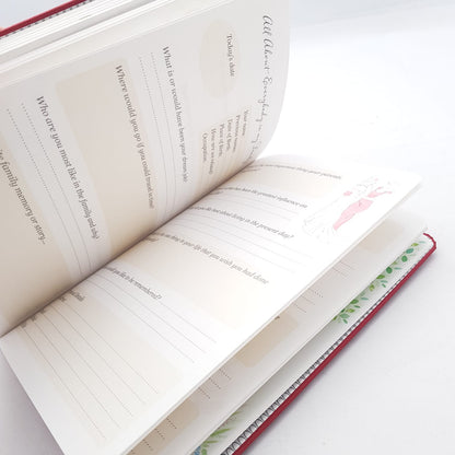 Open birthday memory book bundle by All About Everybody with fill-in-the-blank prompts and decorative pages
