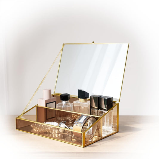 Amber glass display storage box with gold accents for organising cosmetics and perfumes
