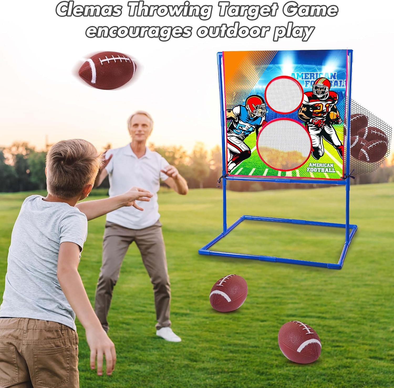 Clemas American Football Throwing Target Game for outdoor play with multiple throwing holes