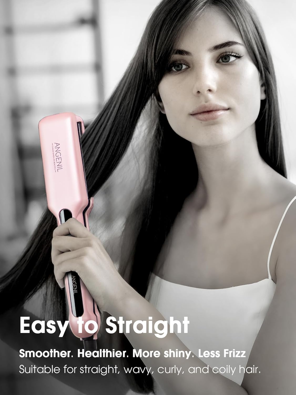 Agenil flat iron wide hair straightener in pink used on smooth hair for a shiny, frizz-free finish