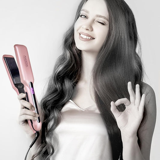 Agenil flat iron wide hair straightener held by a woman with long, sleek hair, showcasing its styling abilities