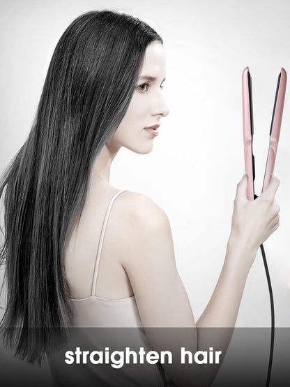 Agenil flat iron wide hair straightener held by a woman with long, straight hair in a stylish pose