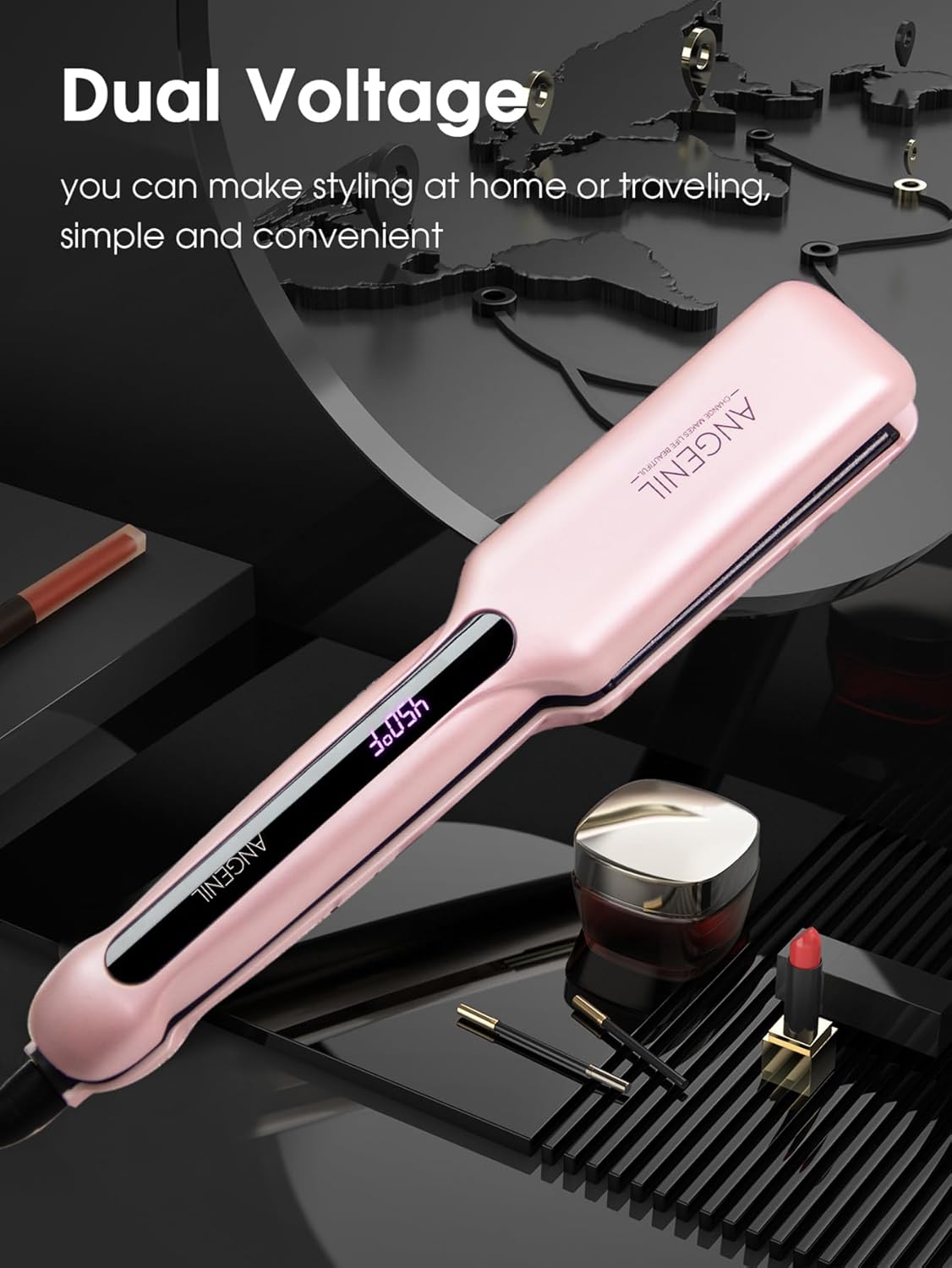 Agenil dual voltage flat iron wide hair straightener in pink, perfect for home and travel styling