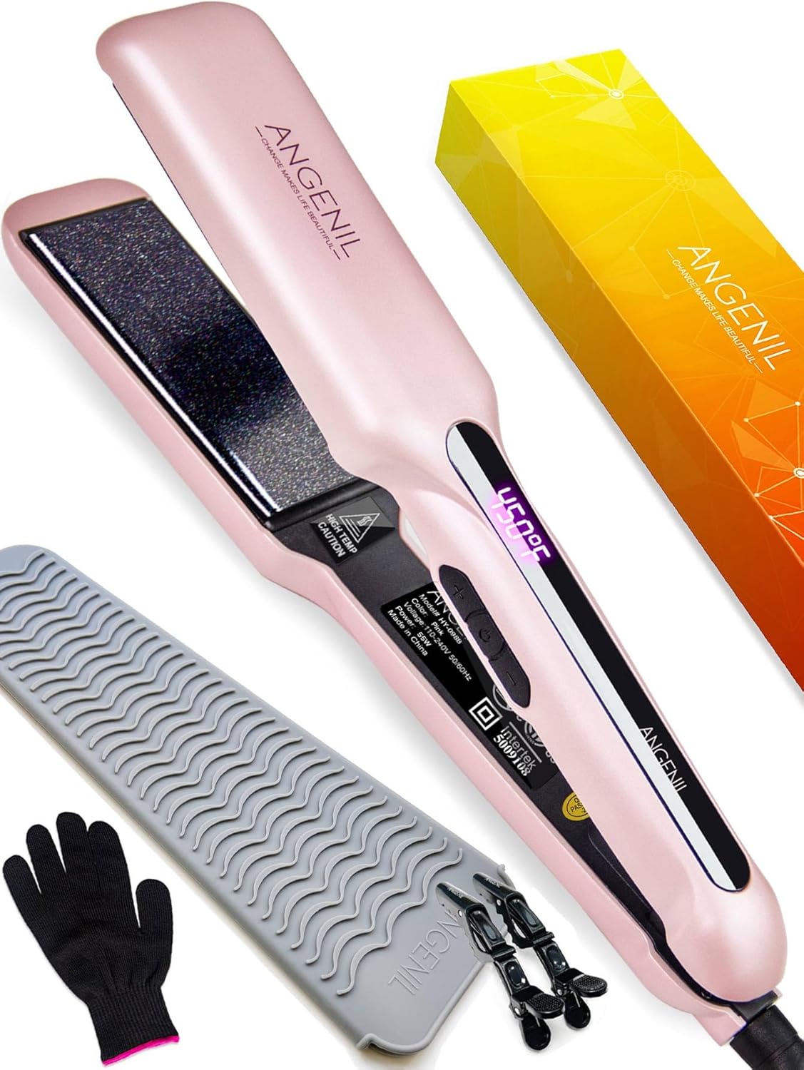 Agenil flat iron wide hair straightener in pink with heat-resistant glove and accessories for salon-quality styling