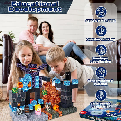 Children playing educational building blocks focused on developing STEM, motor skills, creativity, and coordination