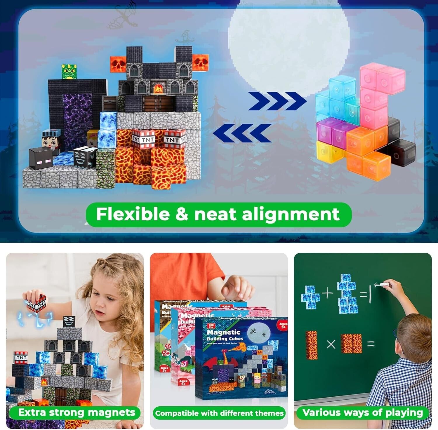 Magnetic building cubes set by Magnetic Blocks with strong magnets and flexible alignment for creative play