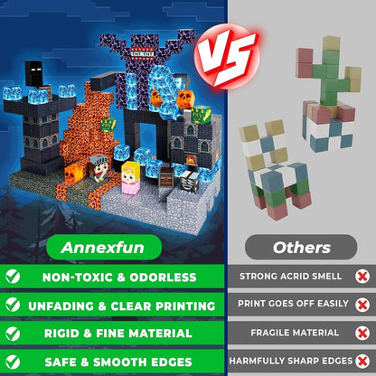 Comparison of Annexfun building blocks set with non-toxic, odorless, and durable materials versus others with strong smell and fragile parts