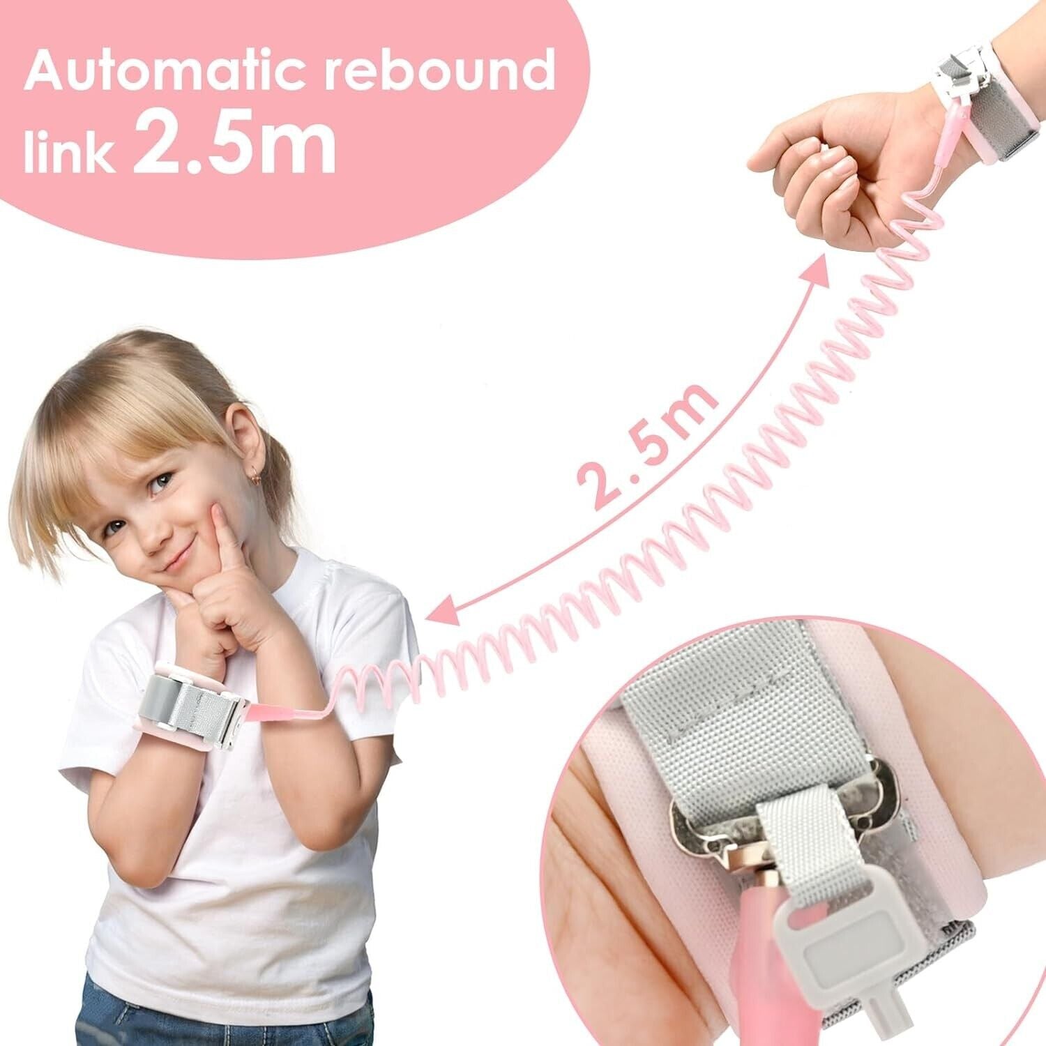 Anti lost toddler wrist strap with lock in pink, designed for child safety and freedom of movement