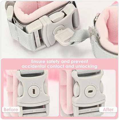 Close-up of anti lost toddler wrist strap with lock, showing secure locking mechanism for child safety