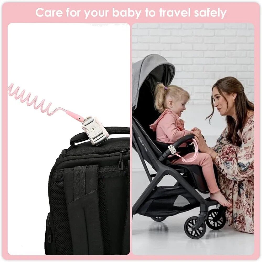 Pink anti lost toddler wrist strap with lock attached to a child's stroller for safe travel