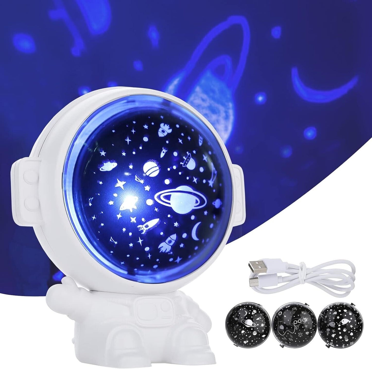 Astronaut star projector night light in white with three interchangeable projection bulbs for a cosmic glow