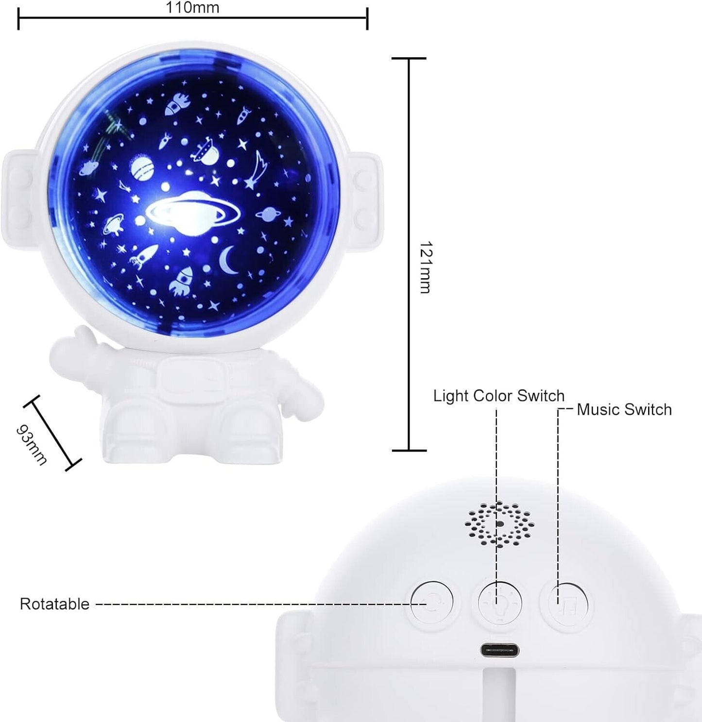 Astronaut star projector night light featuring a rotating galaxy design and adjustable light settings