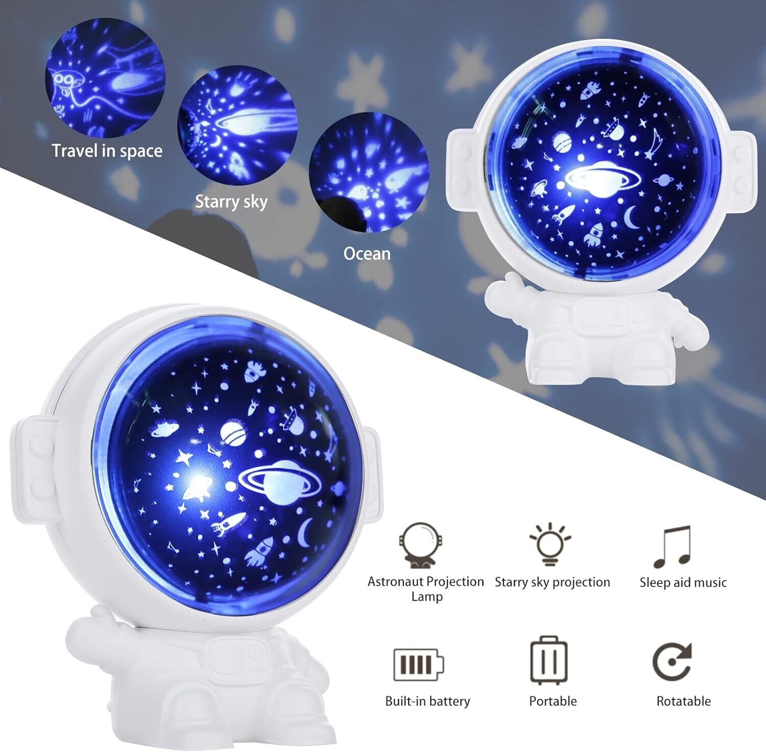 Astronaut star projector night light with rotating starry sky and ocean projections for a calming ambience